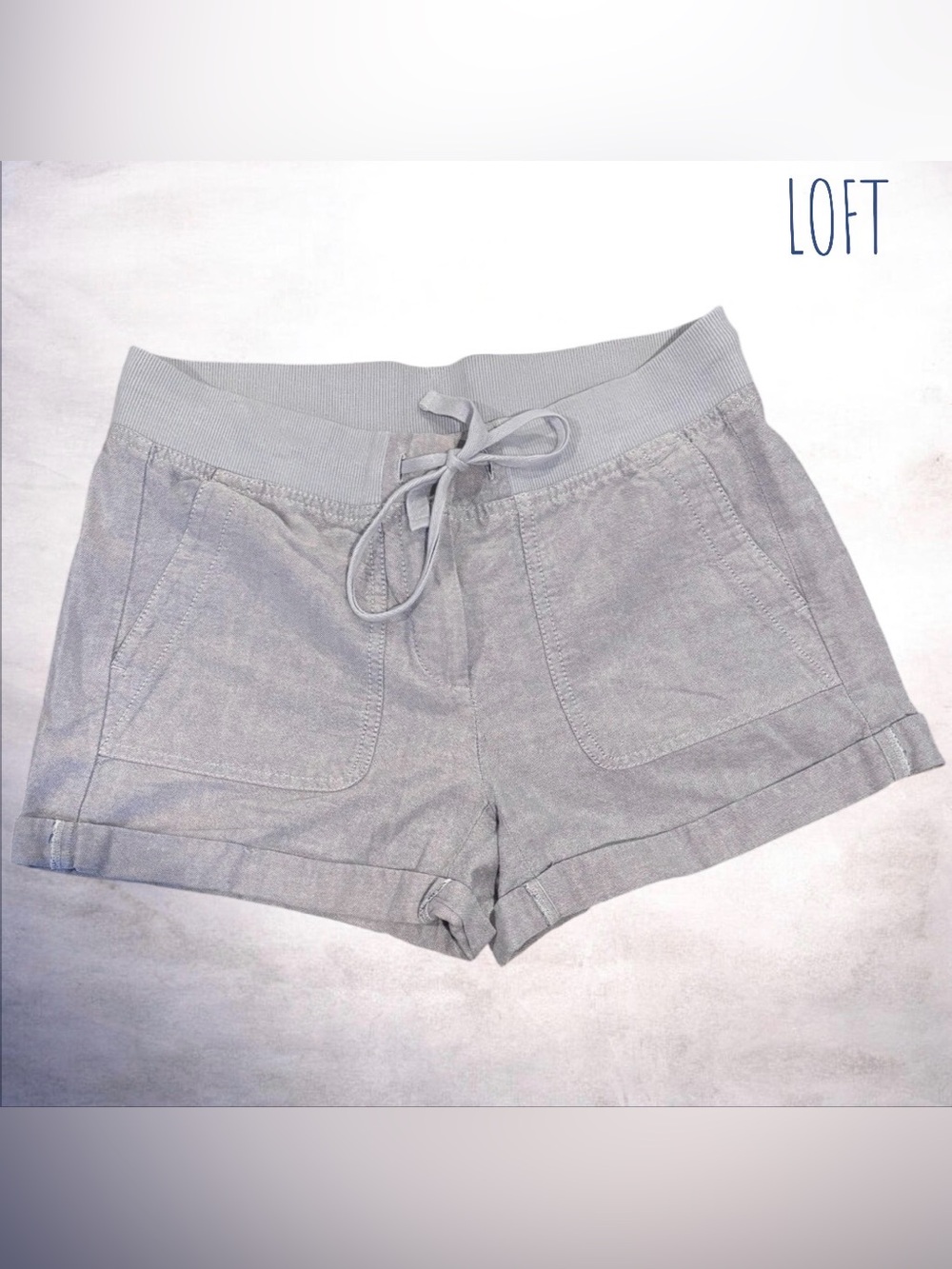 LOFT Blue Cotton Chambray Drawstring Shorts Cuffed Size 0